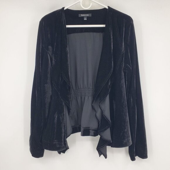 Relativity Black Velvet Waterfall Open Front Dark Fairy Winter Elegant Cardigan - Picture 2 of 9